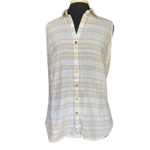 Ellen Tracy 100% Linen Sleeveless Beige and White Stripe Button Down Women’s M - Picture 1 of 5